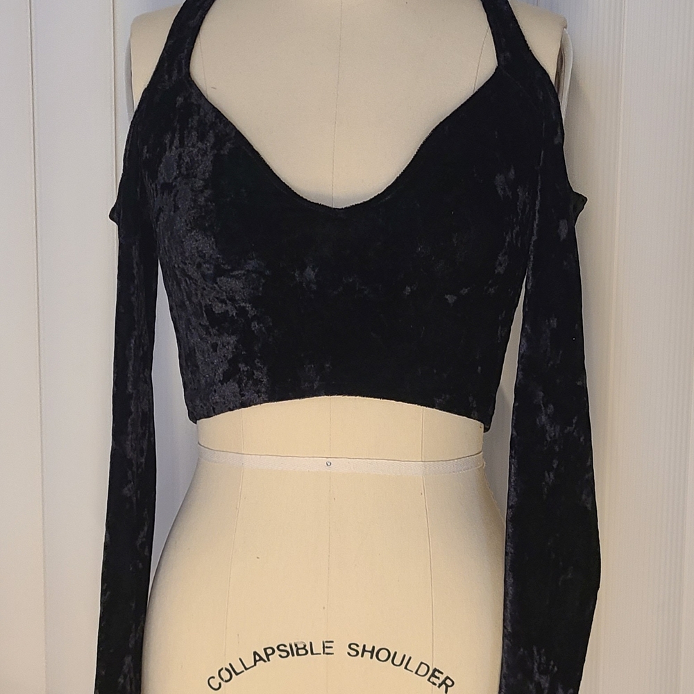 Nasty Gal Black Velvet Long Sleeve Crop Top